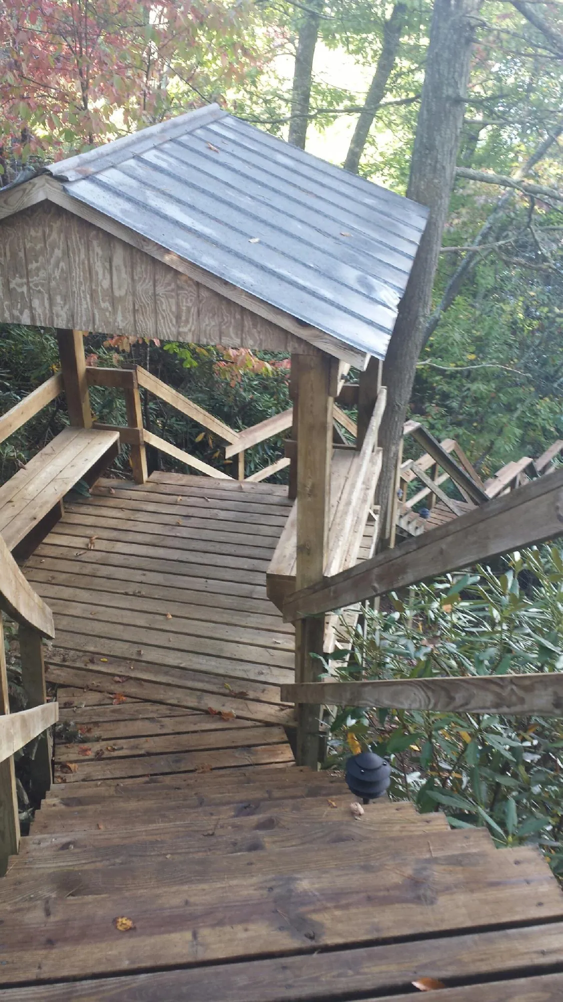 Metal roofed shelter over wooden steps on a wooded walkway — Skylight Repair & Installation work by our crew in Maple City